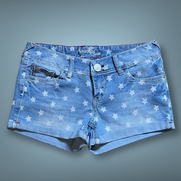 Y2K Amethyst Loren Juniors Blue Denim Star Print Shorts Size 3 Low Rise Atomic - Picture 1 of 8